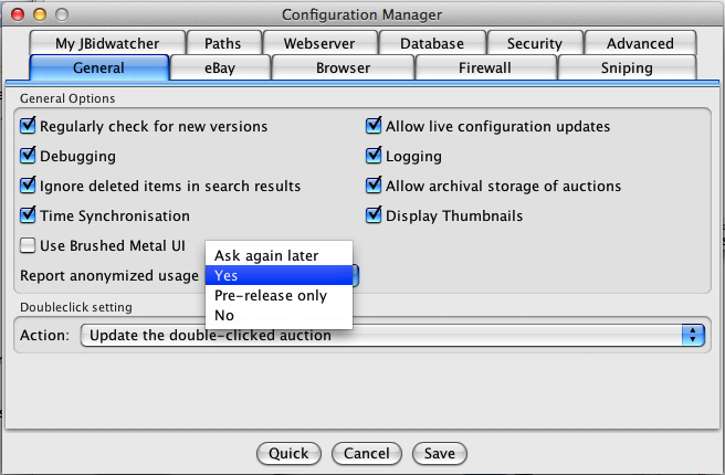 Configuring usage statistics reporting in JBidwatcher